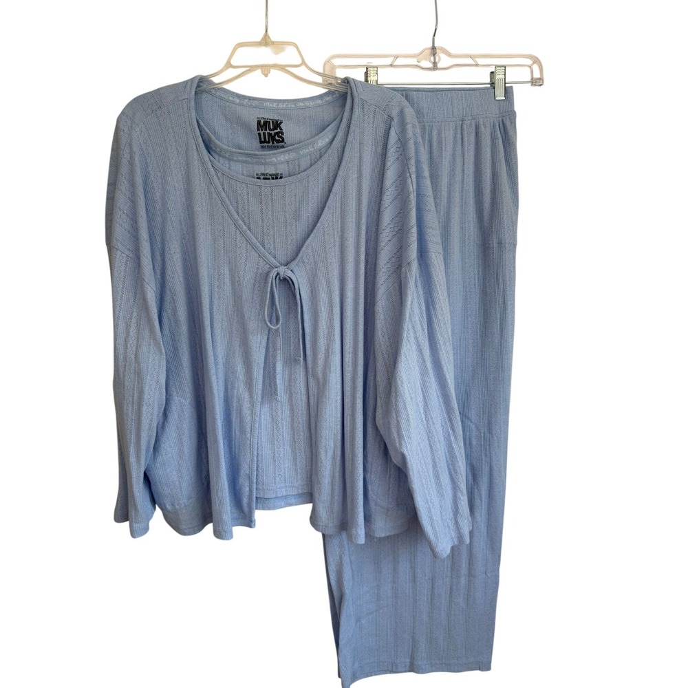 Muk Luks Womens 3X Blue Pointelle Pajama Set 3 Piece Cardigan Tank Pants Lounge